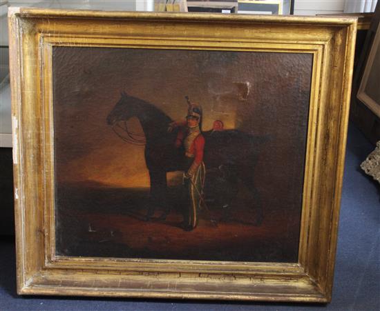 Mid 19th century English School Portrait of a cavalry officer standing beside his horse 24 x 28in.